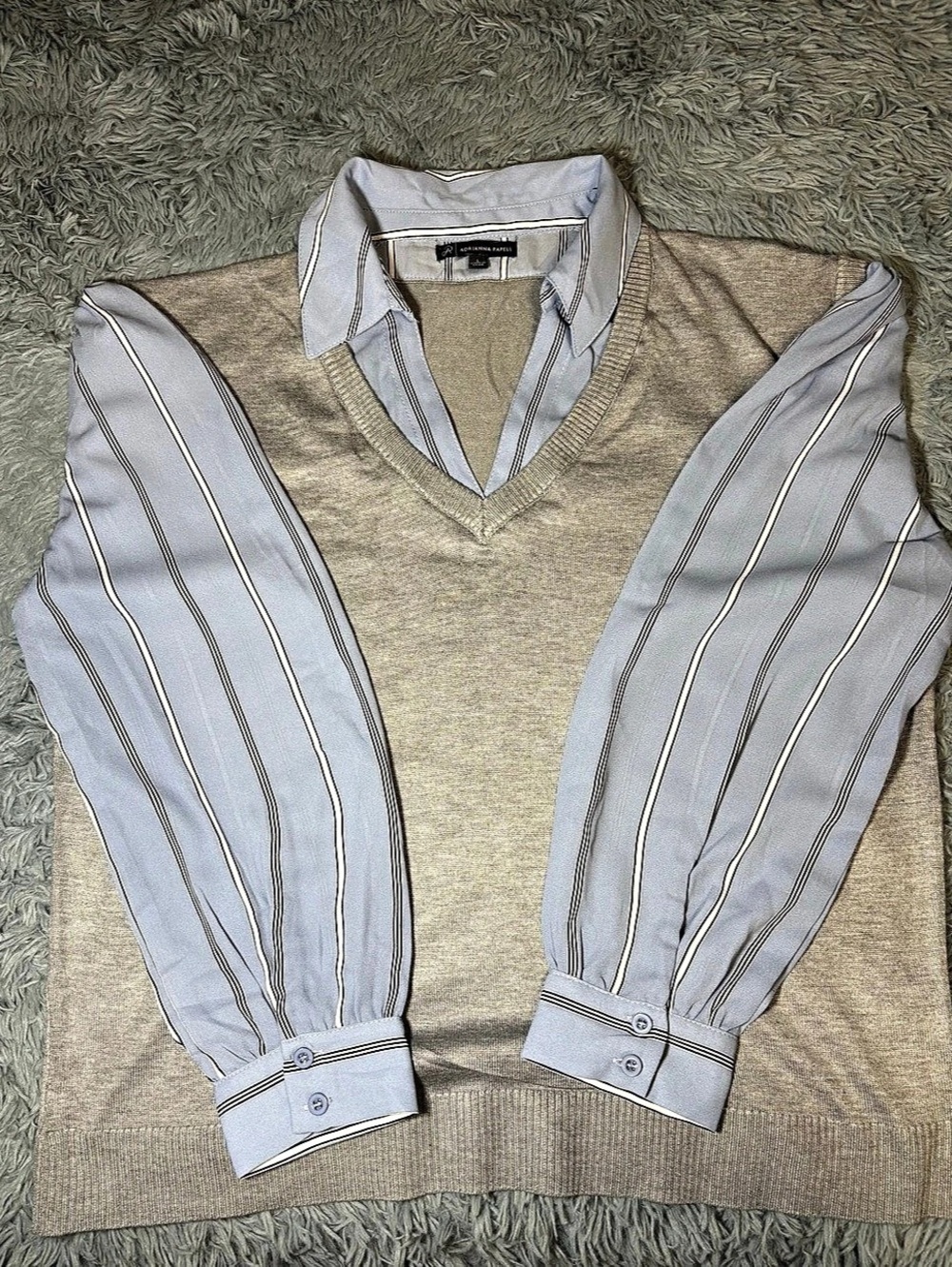 Adrianna Papell Sweater Vest Twofer Heater Grey Blue Combo Stripe